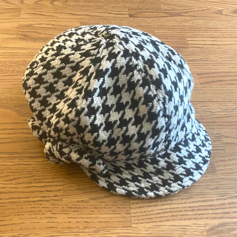 Talbots Y2K Vintage Houndstooth Newsboy Hat Black White Baker Boy Dark Academia